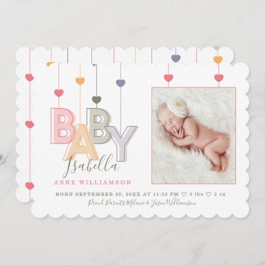 モダンベビー文生まれたばかりの書Baby Girl写真 案内状 (正面/裏面)