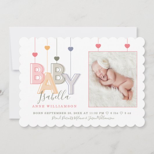 モダンベビー文生まれたばかりの書Baby Girl写真 案内状 (正面)