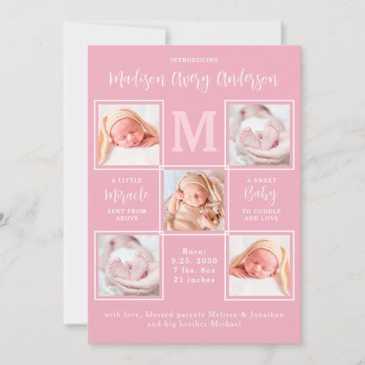 モダンベビー5フォトコラージョ生まれたばかりのンピンク誕生 案内状 (正面)
