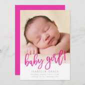 モダンベビーPHOTOシンプル女の子のピンク書のスクリプト 案内状 (正面/裏面)