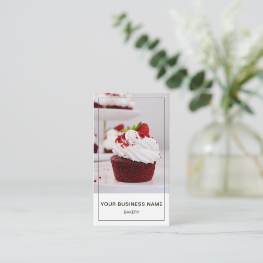 モダンベーカリー写真QRソーシャルメディアのアイコン白 名刺 (スタンド正面)