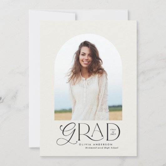 モダンベージュ幾何学写真アーチ卒業式annou 案内状 (正面)