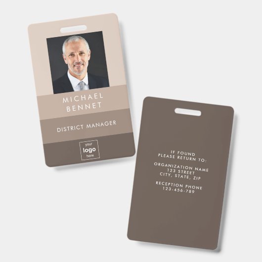 モダンベージュ茶企業の色写真ID バッジ (正面＆裏面)