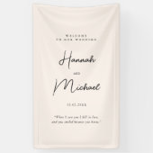 モダンベージュ、手書きフォント、結婚ようこそ 横断幕 (縦)