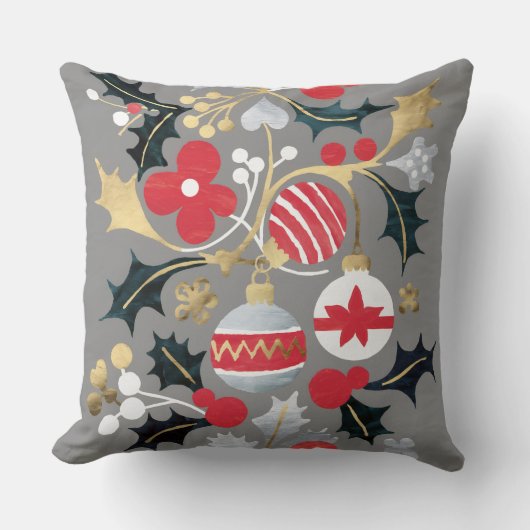 モダンホリデーレッドシルバー&金ゴールドオーナメント クッション (正面)