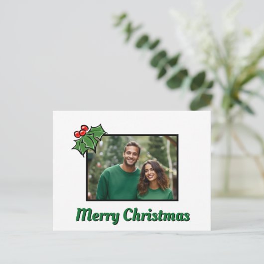 モダンホリーリーフの実のクリスマステンプレート シーズンポストカード (スタンド正面)