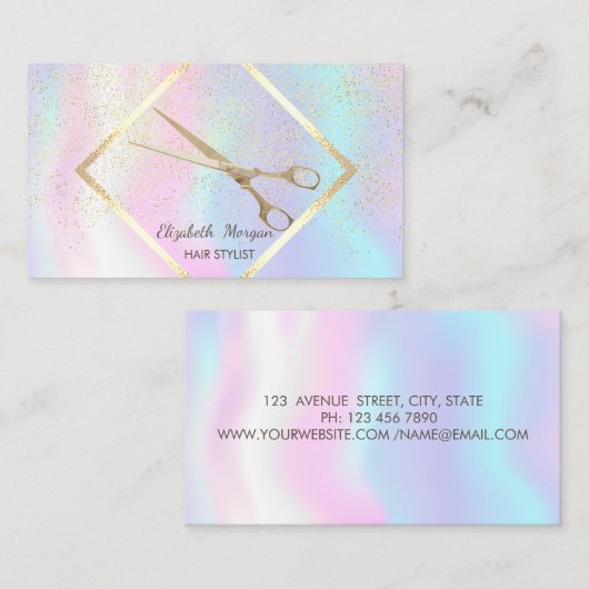 モダンホログラフィックゴールドフレーム、コンフェッティ、ハサミ 名刺 (正面/裏面)