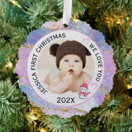 モダンホログラフィック 赤ちゃんの女の子 初めてのクリスマス 写真 オーナメントカード