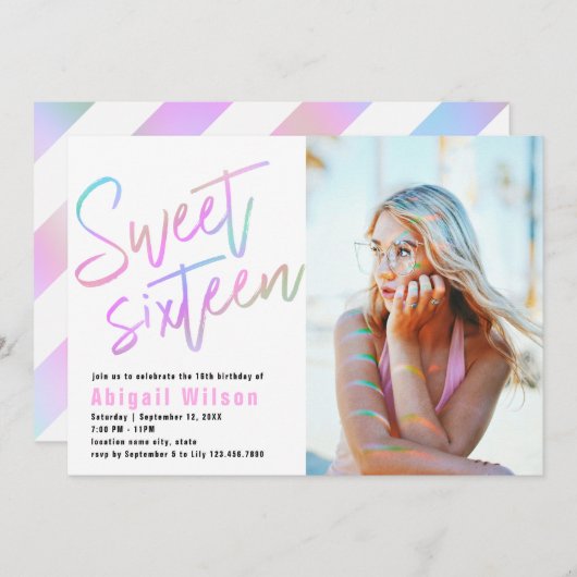 モダンホロフガーリーsweet sixteen誕生日 招待状 (正面/裏面)