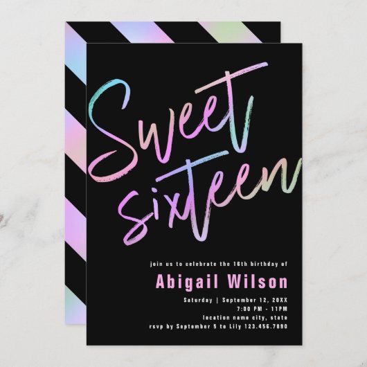 モダンホロフガーリーsweet sixteen誕生日 招待状 (正面/裏面)