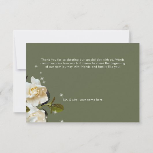 モダンホワイトガーデニアスonセージ結婚スパークル サンキューカード (裏面)