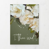 モダンホワイトガーデニアスonセージ結婚スパークル 三つ折り招待状 (カバー)