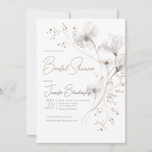 モダンホワイトグレーと金ゴールドフローラブライダルシャワー 招待状 (正面)
