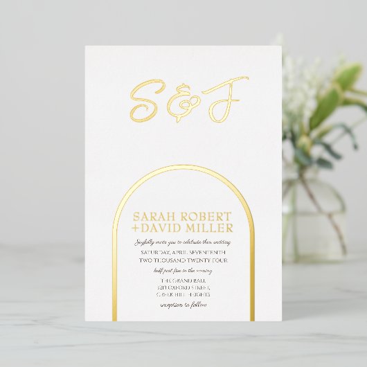 モダンホワイトゴールデンミニマルク結婚リーズ 箔招待状 (立ち正面)