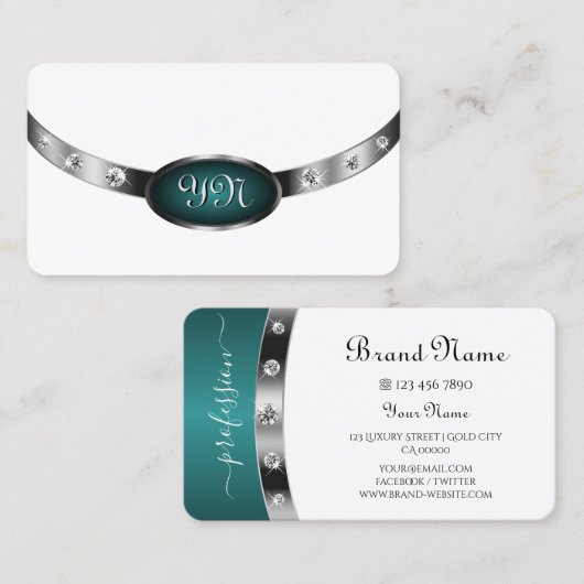 モダンホワイトシルバーティール（緑がかった色）フェイクダイヤモノグラムのン 名刺 (正面/裏面)