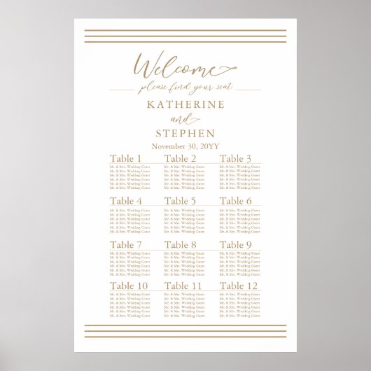 モダンホワイトミニマル結婚リスト座席表 ポスター (正面)