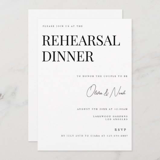 モダンホワイトリハエレガントーサルディナーカード 招待状 (正面/裏面)