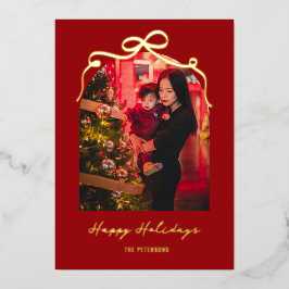 モダンボウアーチ シックな赤いクリスマス 写真入り ゴールド 箔シーズンカード