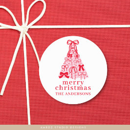 モダンボウピンクレッドクリスマスツリー ラウンドシール