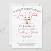 モダンボウリング場でのエンゲージメントパーティーディナー 招待状 (正面)