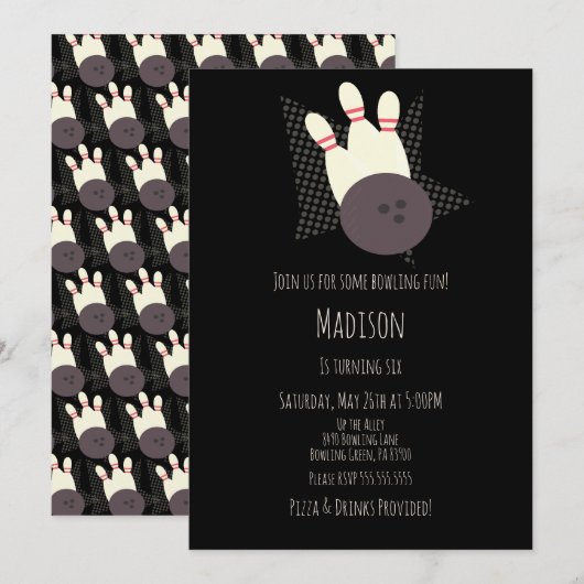モダンボウリング場の誕生日パーティー　ブラック 招待状 (正面/裏面)