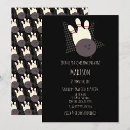 モダンボウリング場の誕生日パーティー　ブラック 招待状