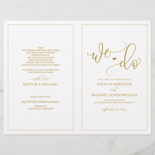 モダンボウンスカリグラフィーゴールドの結婚式プログラム (正面)