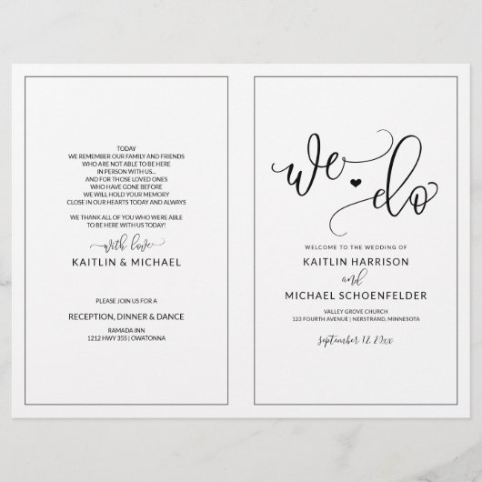 モダンボウンスカリグラフィーブラックの結婚式プログラム (正面)