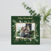 モダンボタニカルグリーン写真 Feliz Navidad シーズンカード (スタンド正面)