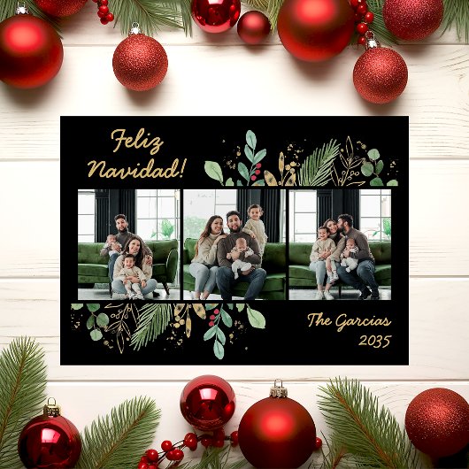 モダンボタニカルグリーン写真 Feliz Navidad シーズンカード