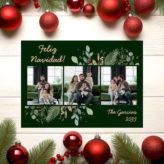 モダンボタニカルグリーン写真 Feliz Navidad シーズンカード