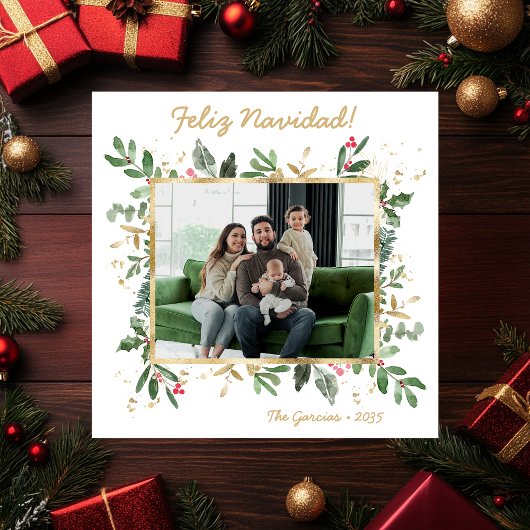 モダンボタニカルグリーン写真 Feliz Navidad シーズンカード