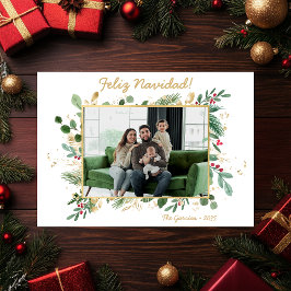 モダンボタニカルグリーン写真 Feliz Navidad シーズンカード