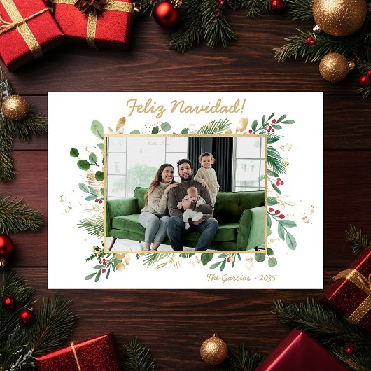 モダンボタニカルグリーン写真 Feliz Navidad シーズンカード