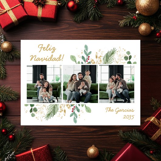 モダンボタニカルグリーン写真 Feliz Navidad シーズンカード