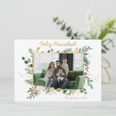モダンボタニカルグリーン写真 Feliz Navidad シーズンカード (スタンド正面)