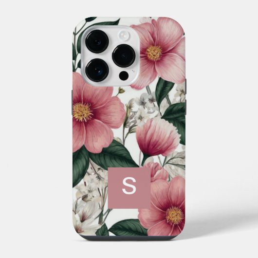 モダンボタニカルピンクフラワーモノグラム iPhoneケース (裏面)