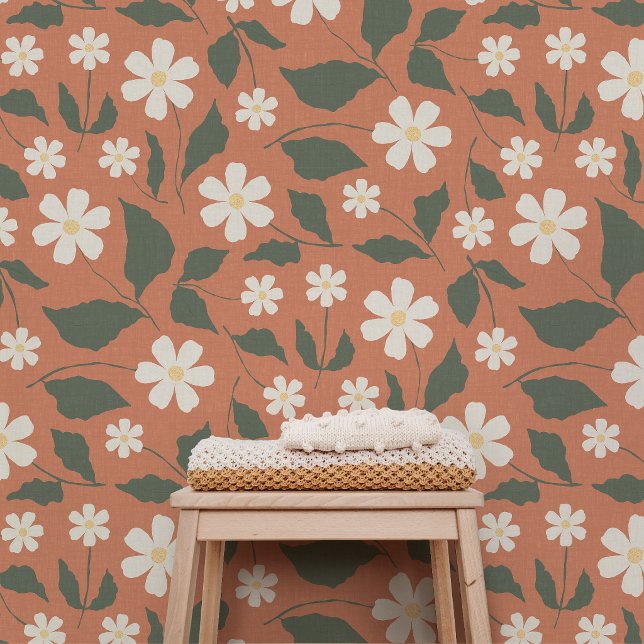 モダンボヘミアン ダイジーパターン テラコッタセージ 壁紙 (Terracotta Sweet Daisy botanical wallpaper by Erica MacDonald.)