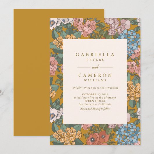 モダンボホフラワーマスタードイエローの結婚式 招待状 (正面/裏面)