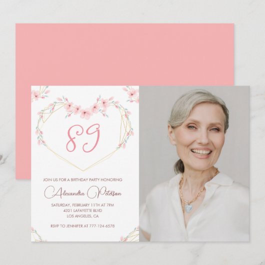 モダンボホミックスの花柄フォト!89歳の誕生日 招待状 (正面/裏面)
