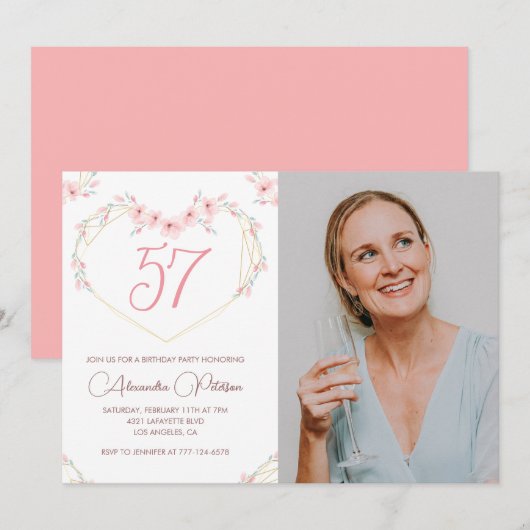 モダンボホーフローラルフォト57歳の誕生日招待状 招待状 (正面/裏面)
