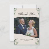 モダンボホ風ユーカリの葉と写真の結婚式 サンキューカード (正面)