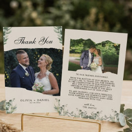 モダンボホ風ユーカリの葉と写真の結婚式 サンキューカード