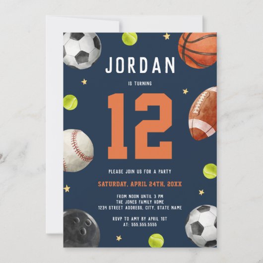 モダンボーイズスポーツテーマ誕生日パーティー 招待状 (正面)
