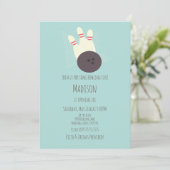 モダンボーリング路誕生日パーティーティール(緑がかった色) 招待状 (スタンド正面)