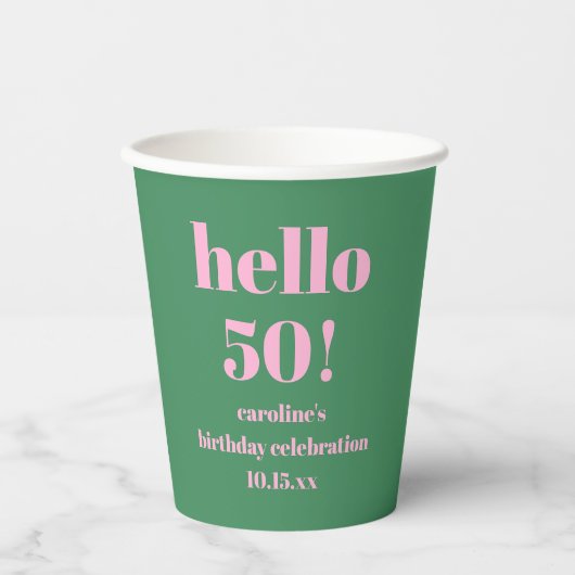 モダンボールドピンクグリーン50歳の誕生日カスタム 紙コップ (正面)