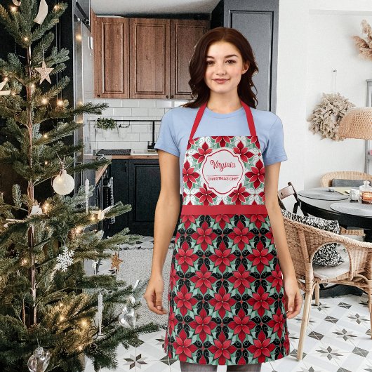 モダンポインセチア柄のクリスマスチーフ エプロン