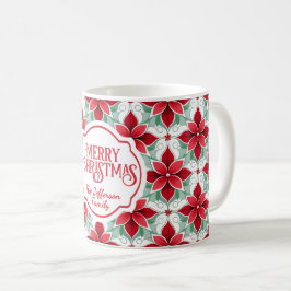 モダンポインセチア柄のクリスマス ホワイト背景 コーヒーマグカップ