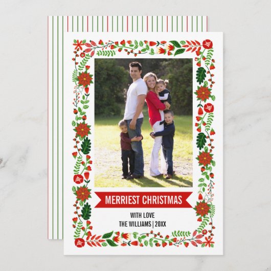 モダンポインセティアス赤と緑のクリスマスの写真 シーズンカード (正面/裏面)
