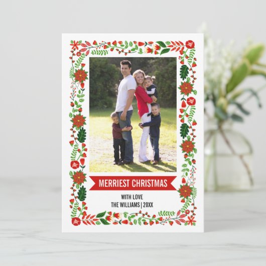 モダンポインセティアス赤と緑のクリスマスの写真 シーズンカード (スタンド正面)